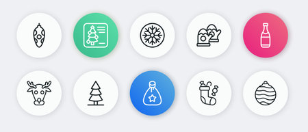 Set line Santa Claus bag gift Champagne bottle Reindeer Christmas stocking mittens Snowflake ball and tree icon. Vector.のイラスト素材