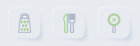 Set line Frying pan Crossed knife and fork and Grater icon. Vector.のイラスト素材