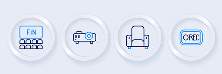 Set line Record button Cinema chair Movie film media projector and auditorium with screen icon. Vector.のイラスト素材