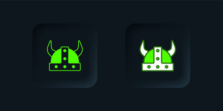 Green Viking in horned helmet icon isolated on black background. Black square button. Vector.のイラスト素材
