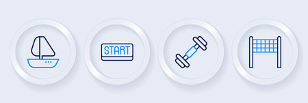 Set line Volleyball net Dumbbell Ribbon in finishing line and Yacht sailboat icon. Vector.のイラスト素材