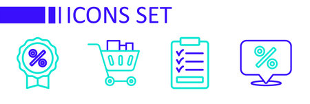 Set line Discount percent tag Clipboard with checklist Shopping cart and food and icon. Vector.のイラスト素材