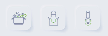 Set line Pizza knife Kitchen apron and Cooking pot icon. Vector.のイラスト素材