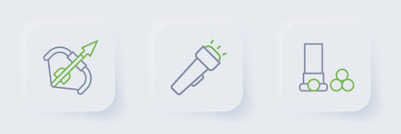 Set line Cartridges Flashlight and Medieval bow and arrow icon. Vector.のイラスト素材