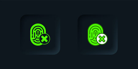 Green Canceled fingerprint icon isolated on black background. Access denied for user concept. Error, fraud. Identification sign. Touch id. Black square button. Vector.のイラスト素材