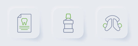 Set line Dental tooth plate Mouthwash and Clipboard with dental card icon. Vector.のイラスト素材
