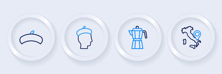 Set line Map of Italy Coffee maker moca pot French man and beret icon. Vector.のイラスト素材
