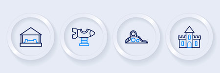 Set line Sand castle Slide playground Swing plane and Sandbox with sand icon. Vector.