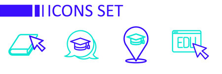 Set line Online education Graduation cap speech bubble and book icon. Vector.のイラスト素材