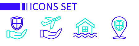 Set line Location shield House flood Plane in hand and Shield icon. Vector.のイラスト素材