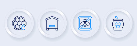 Set line Jar of honey and dipper stick Stop bee Hive for bees and Honeycomb icon. Vector.のイラスト素材