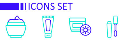 Set line Mascara brush Sunscreen cream in tube Cream or lotion cosmetic and icon. Vector.のイラスト素材