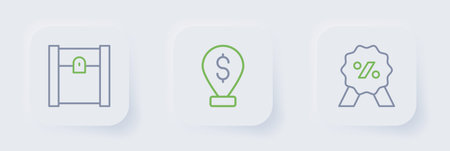 Set line Discount percent tag Cash location pin and Paper shopping bag icon. Vector.のイラスト素材