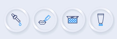 Set line Cream or lotion cosmetic tube Makeup powder with mirror Lip augmentation and Pipette oil icon. Vector.のイラスト素材