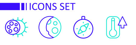Set line Thermometer Compass Moon phases and Eclipse of the sun icon. Vector.のイラスト素材
