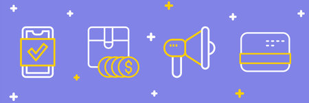 Set line Credit card Megaphone Item price tag with dollar and Mobile shopping icon. Vector.のイラスト素材