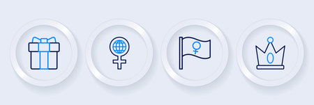 Set line King crown Feminist activist International Women Day and Gift box and heart icon. Vector.のイラスト素材
