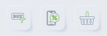 Set line Shopping basket Percent discount on phone and Buy button icon. Vector.のイラスト素材