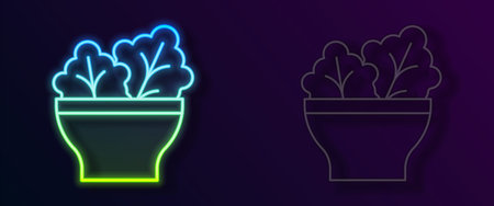 Glowing neon line Salad in bowl icon isolated on black background. Fresh vegetable salad. Healthy eating. Vector.のイラスト素材