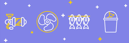 Set line Fisherman hat Case or box for fishing equipment Outboard boat motor and Spinning reel icon. Vector.のイラスト素材