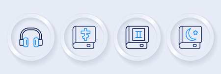 Set line Holy book of Koran Book bible and Headphones icon. Vector.のイラスト素材