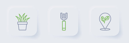 Set line Location with leaf Garden pitchfork and Plant in pot icon. Vector.のイラスト素材
