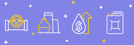 Set line Canister for gasoline Oil price increase tank storage and pipe with valve icon. Vector.のイラスト素材