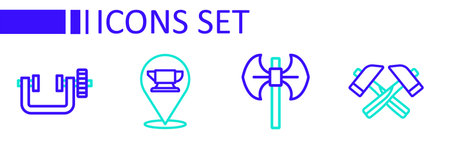 Set line Crossed hammer Medieval poleaxe Blacksmith anvil tool and Clamp and screw icon. Vector.のイラスト素材