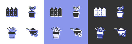 Set Wheelbarrow Garden fence wooden Plant in pot and icon. Vector.のイラスト素材