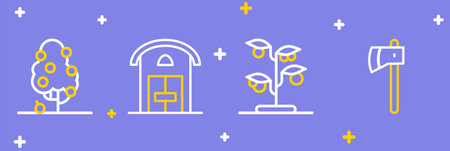 Set line Wooden ax Sprout Farm house and Fruit tree icon. Vector.のイラスト素材