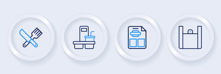 Set line Online ordering food Restaurant cafe menu Coffee cup to go and Crossed knife and fork icon. Vector.のイラスト素材