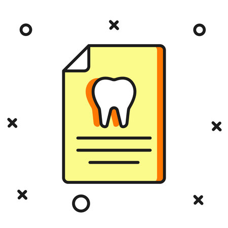 Filled outline Clipboard with dental card or patient medical records icon isolated on white background. Dental insurance. Dental clinic report. Flat filled outline style with shadow. Vector.のイラスト素材