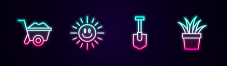 Set line Wheelbarrow Sun Shovel and Plant in pot. Glowing neon icon. Vector.のイラスト素材