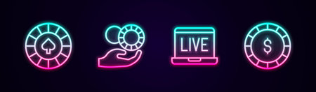 Set line Casino chips Hand holding casino Online poker table game and with dollar. Glowing neon icon. Vector.のイラスト素材