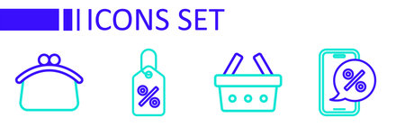 Set line Percent discount on phone Shopping basket Discount percent tag and Wallet icon. Vector.のイラスト素材