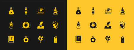 Set Christmas tree toy chimney Lollipop wreath santa claus sleigh Santa Claus bag gift and Champagne bottle icon. Vector.のイラスト素材