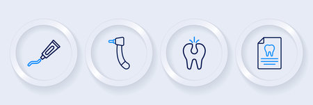 Set line Clipboard with dental card Broken tooth Tooth drill and Tube of toothpaste icon. Vector.のイラスト素材