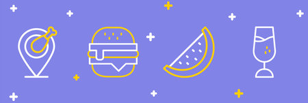 Set line Wine glass Watermelon Burger and Chicken leg icon. Vector.のイラスト素材