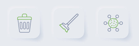 Set line Bacteria Mop and Trash can icon. Vector.