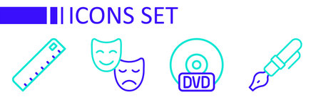 Set line Fountain pen nib CD or DVD disk Comedy and tragic masks and Ruler icon. Vector.のイラスト素材