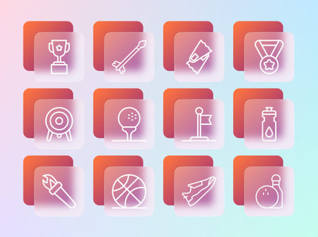 Set line Medal Basketball ball Flag Fitness sneakers shoes Golf on tee Flippers for swimming Award cup and Medieval arrows icon. Vector.のイラスト素材