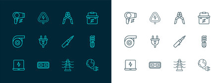 Set line Toolbox electrician Electrical outlet Soldering iron tower line plug Pliers tool Hair dryer and High voltage icon. Vector.のイラスト素材