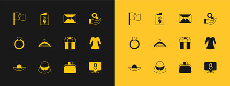 Set Female gender symbol Handbag Gift box heart Hanger wardrobe Envelope with 8 March Feminist activist and Greeting card icon. Vector.のイラスト素材