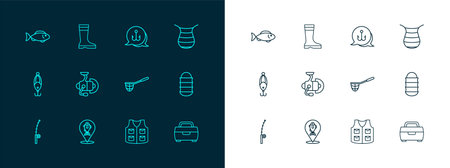 Set line Fishing net Location fishing jacket Spinning reel for hook and boots icon. Vector.のイラスト素材