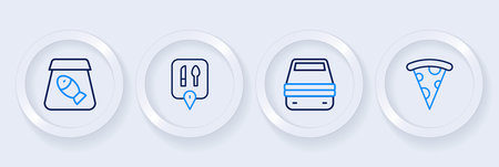Set line Slice of pizza Lunch box Cafe and restaurant location and Online ordering fish icon. Vector.のイラスト素材