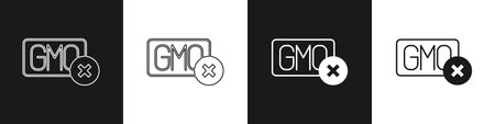 Set No GMO icon isolated on black and white background. Genetically modified organism acronym. DNA food modification. Vector.のイラスト素材