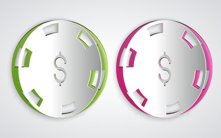 Paper cut Casino chip with dollar symbol icon isolated on gray background. Casino gambling. Paper art style. Vector.のイラスト素材