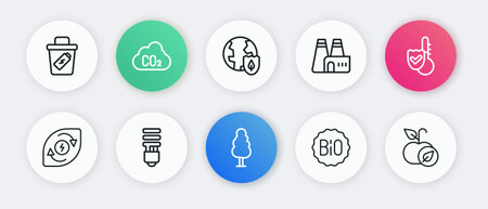 Set line Tree Thermometer Water energy Banner for bio Factory production Earth with shield Apple and...