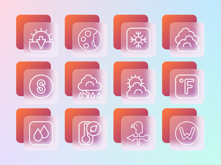 Set line Cloud Thermometer Sun and cloud weather Rooster vane lightning Snowflake Sunset and Moon phases icon. Vector.のイラスト素材