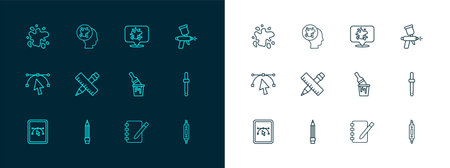 Set line Paint spray gun Pencil with eraser bucket brush Notebook Crossed ruler and pencil and icon. Vector.のイラスト素材